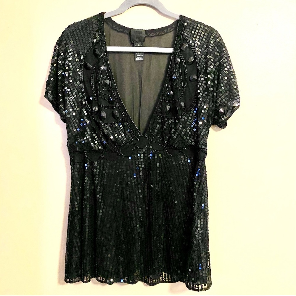 ANNA SUI Silk Sequin/Beaded Sheer Top